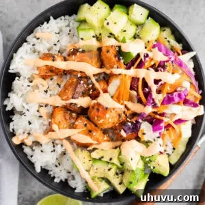 A vibrant salmon rice bowl, perfect for a quick and healthy meal.