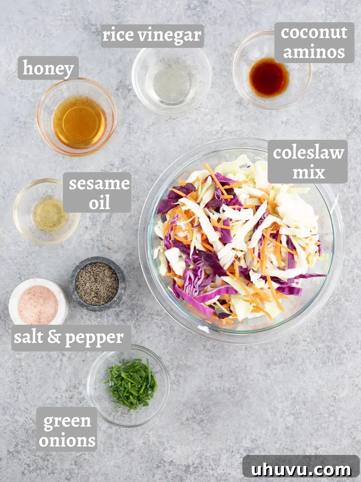 Crisp coleslaw mix and fresh green onions for the side slaw.