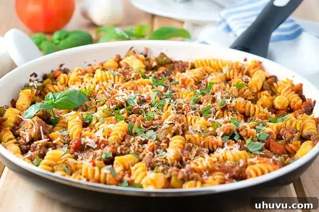 Close-up of Italian Sausage and Peppers Pasta Skillet