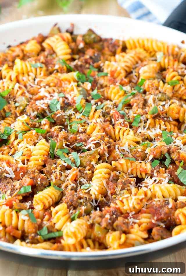 Finished Italian Sausage and Peppers Pasta Skillet ready to eat
