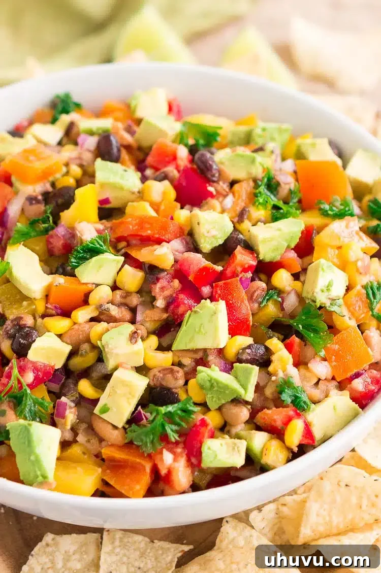 Close-up of Texas Caviar in a white bowl