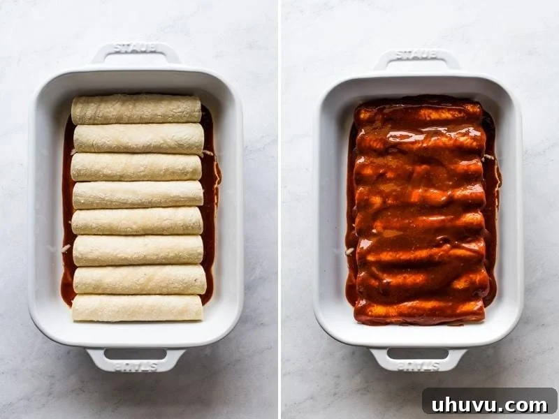 Gooey Cheese Enchiladas 4 Corn tortillas stuffed with cheese and rolled in a baking dish.