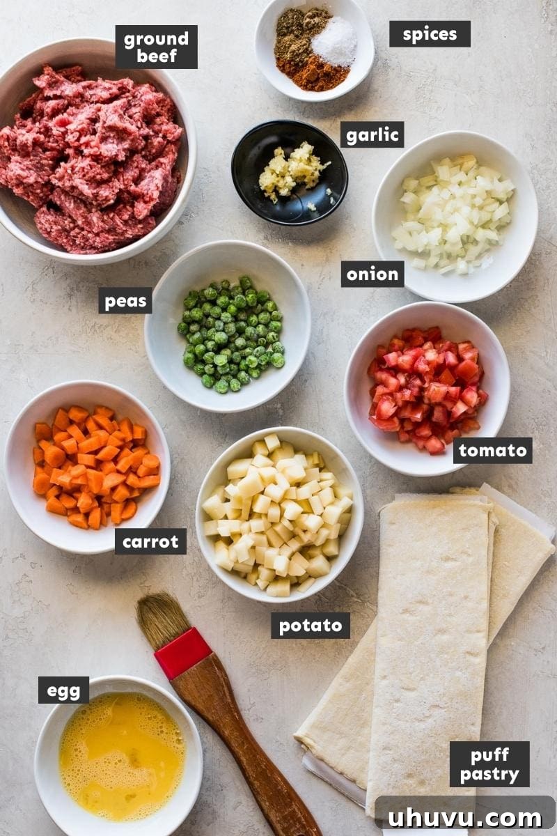 A vibrant display of fresh ingredients for air fryer beef empanadas including ground beef, diced vegetables, and puff pastry.