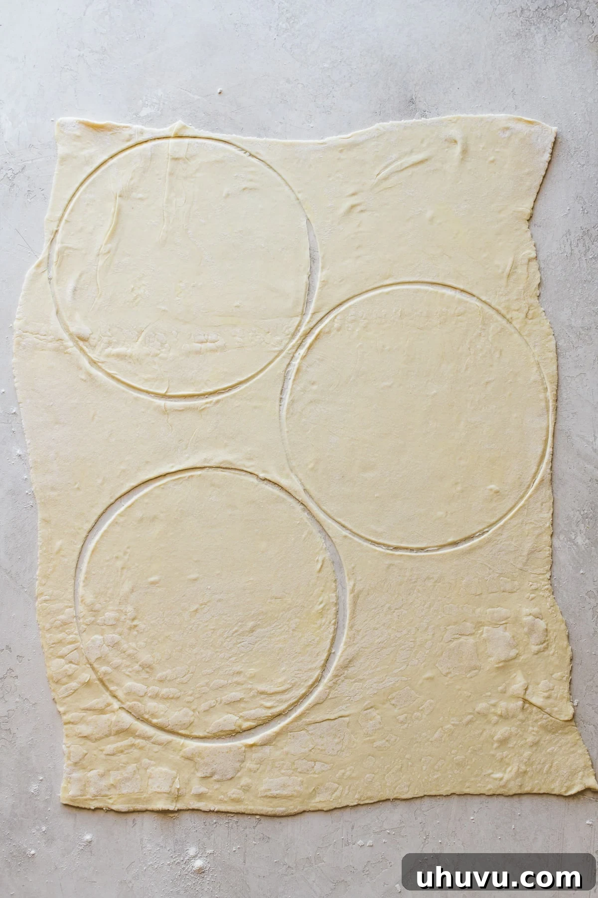 Puff pastry dough rolled out into a large rectangle and cut into circles, ready for filling.