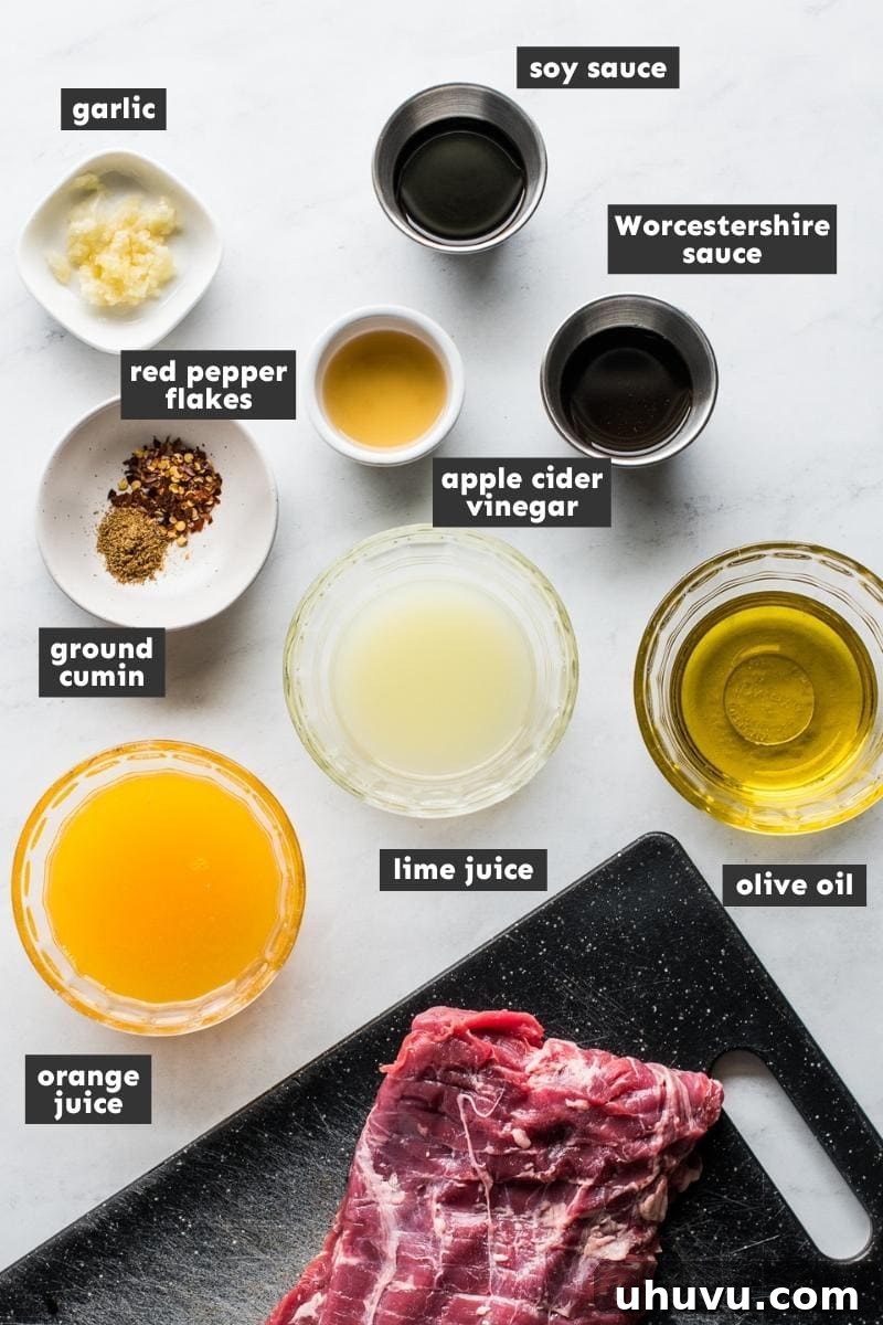 Skirt Steak Flavor Boost 3 Ingredients for Skirt Steak Marinade laid out on a table.