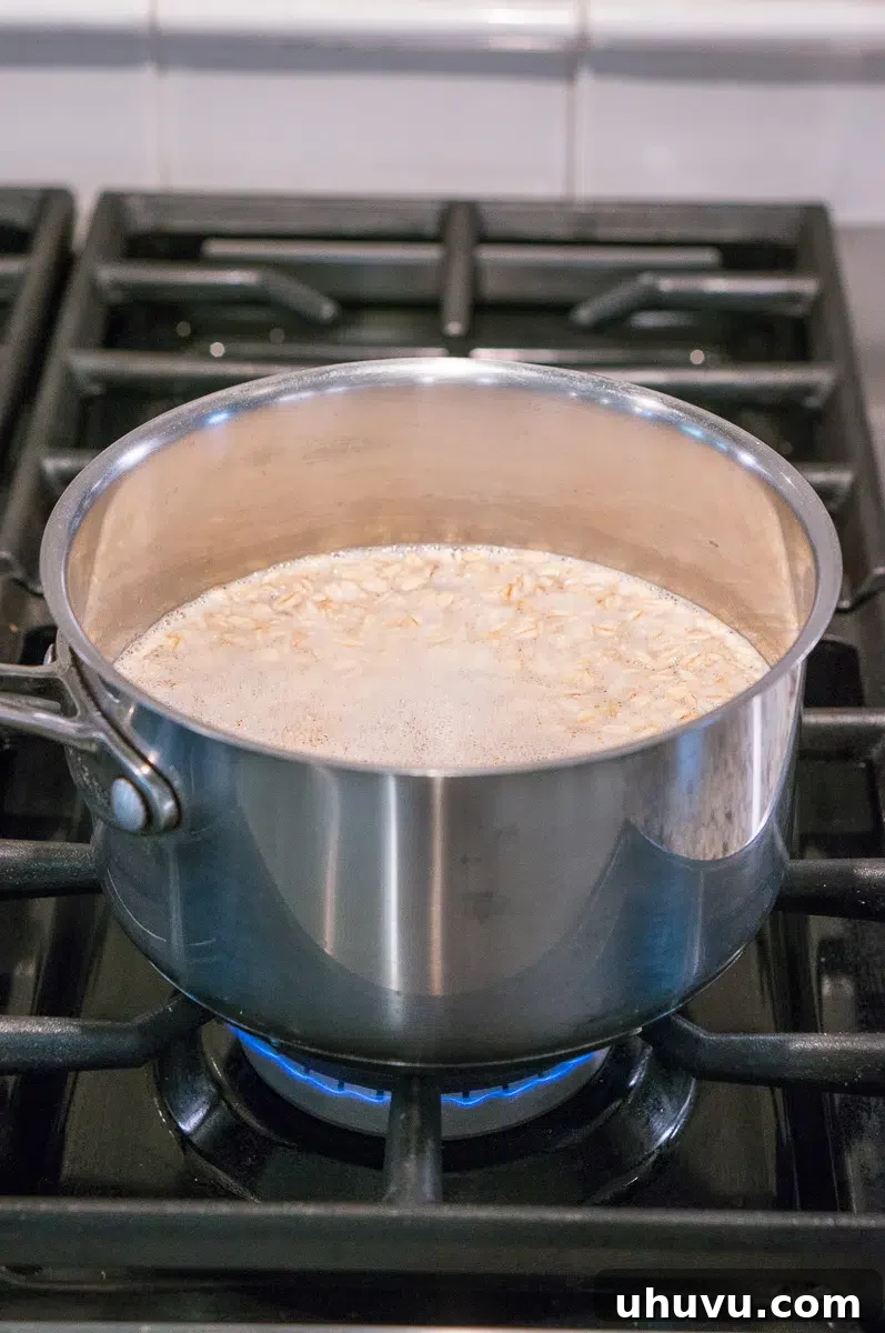 simmering oatmeal on the stove