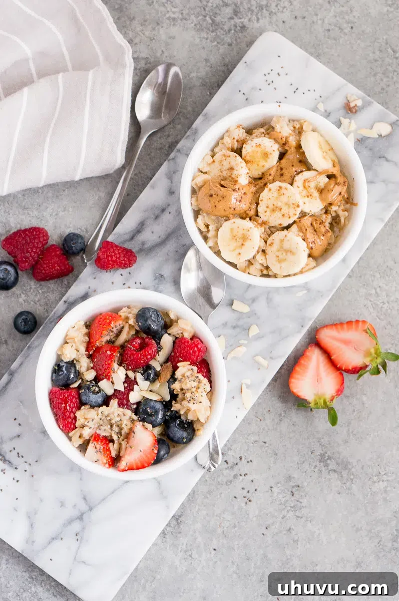 oatmeal topped with different fruit and nut toppings