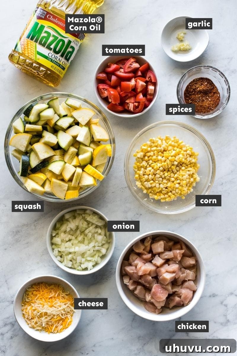 Ingredients in Mexican chicken and squash skillet