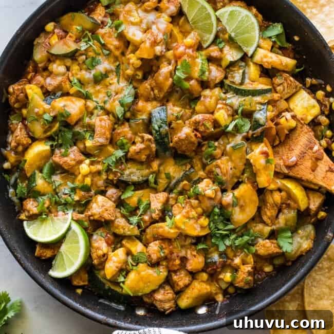 Chicken and Squash in a skillet with cilantro and limes.