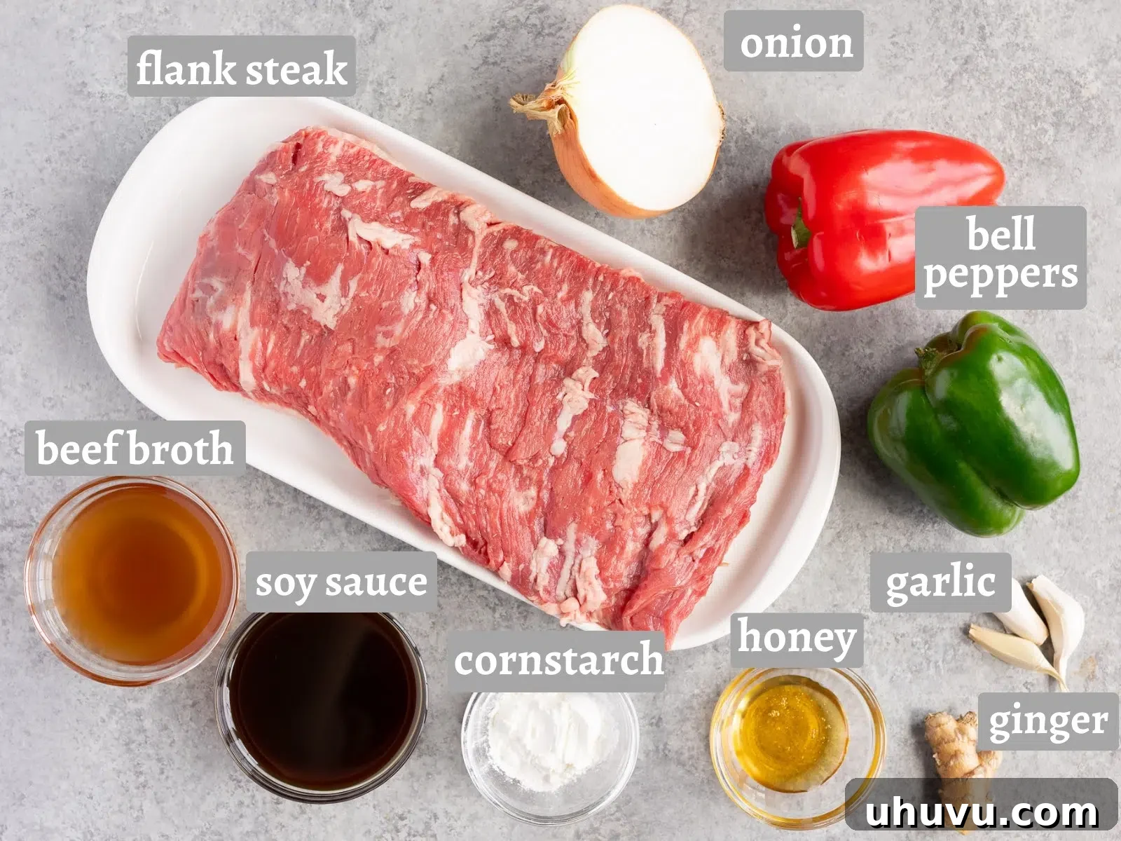 Ingredients for pepper steak stir fry laid out on a table