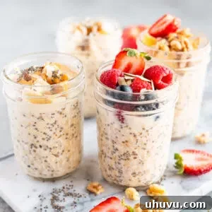 Easy overnight oats recipe in jars made with 3 main ingredients and topped with fresh fruit and nuts for a healthy breakfast.