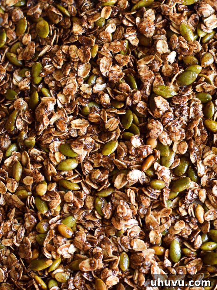 Aztec Chocolate Pepita Granola 5 A baking sheet filled with a mixture of rolled oats, ground Abuelita Mexican chocolate, and pumpkin seeds, ready to be baked into crunchy homemade granola.