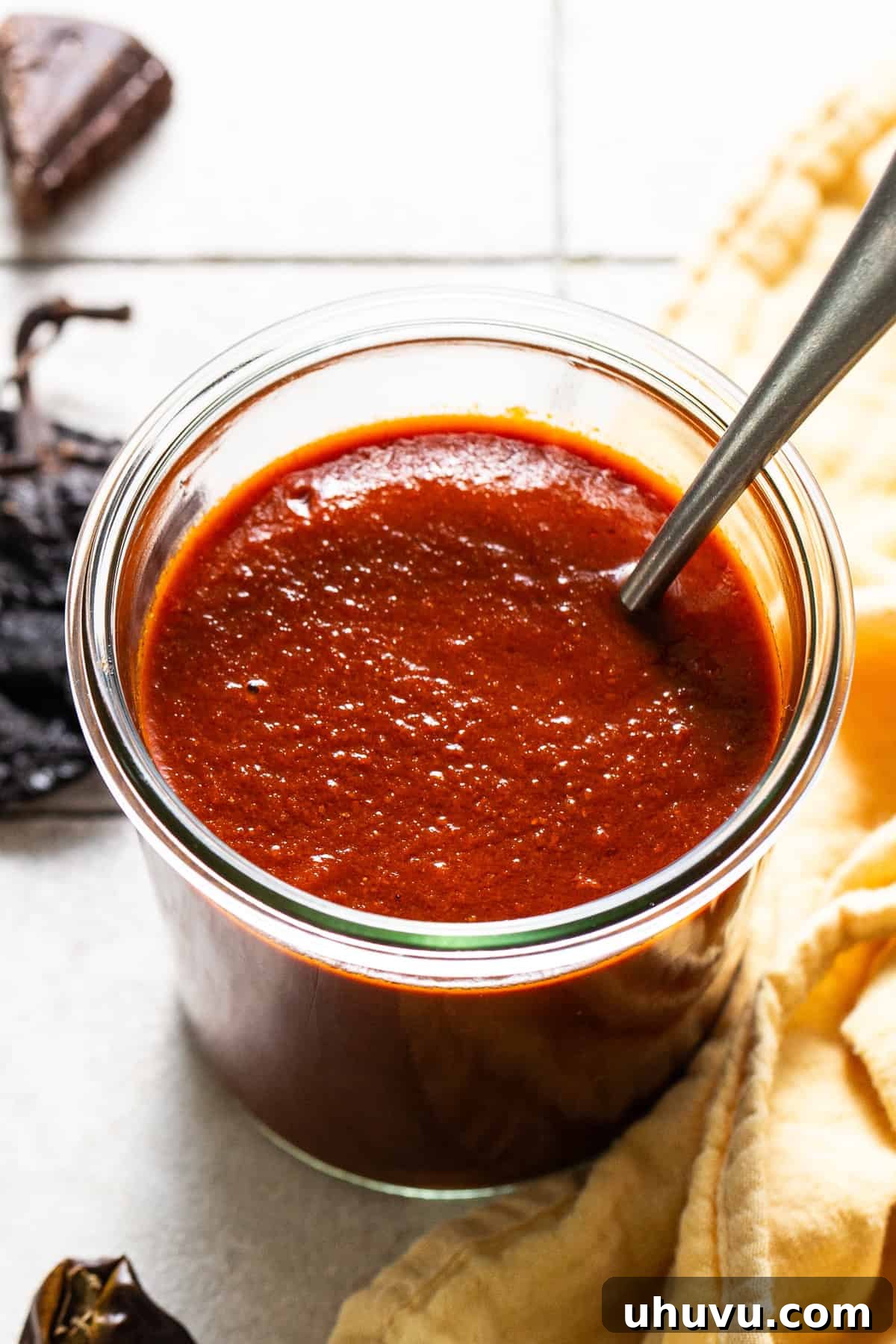 Homestyle Enchilada Red 2 Authentic enchilada sauce ready to enjoy stored in a mason jar.