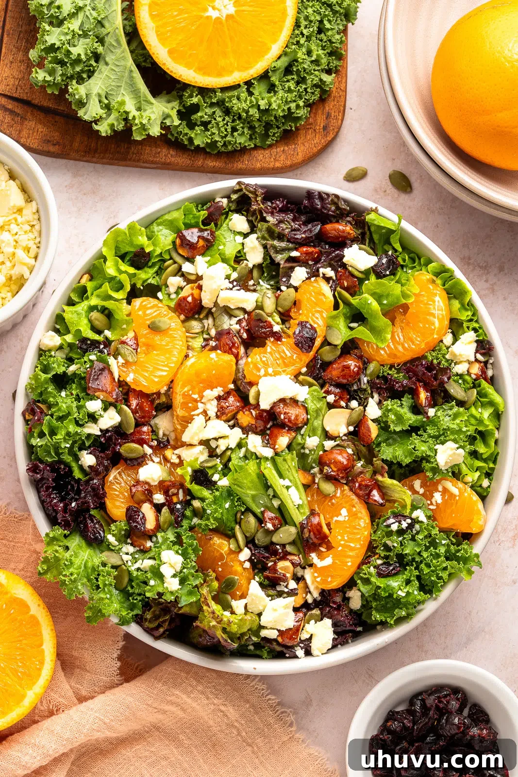 Vibrant citrus salad with mixed greens and red wine vinaigrette in a white bowl, ready to serve