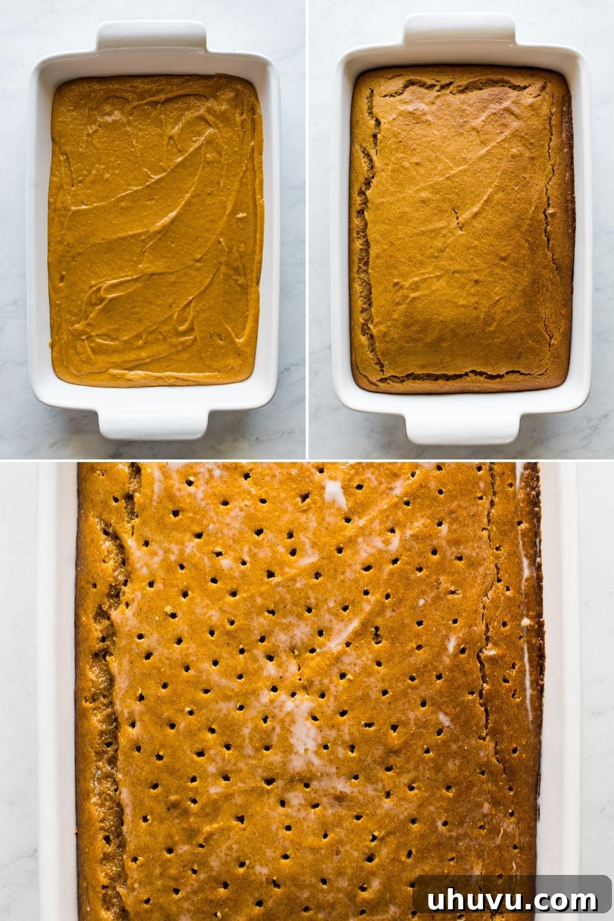 Pumpkin Tres Leches cake in a baking pan soaking up the three milk mixture, showcasing its moist texture.