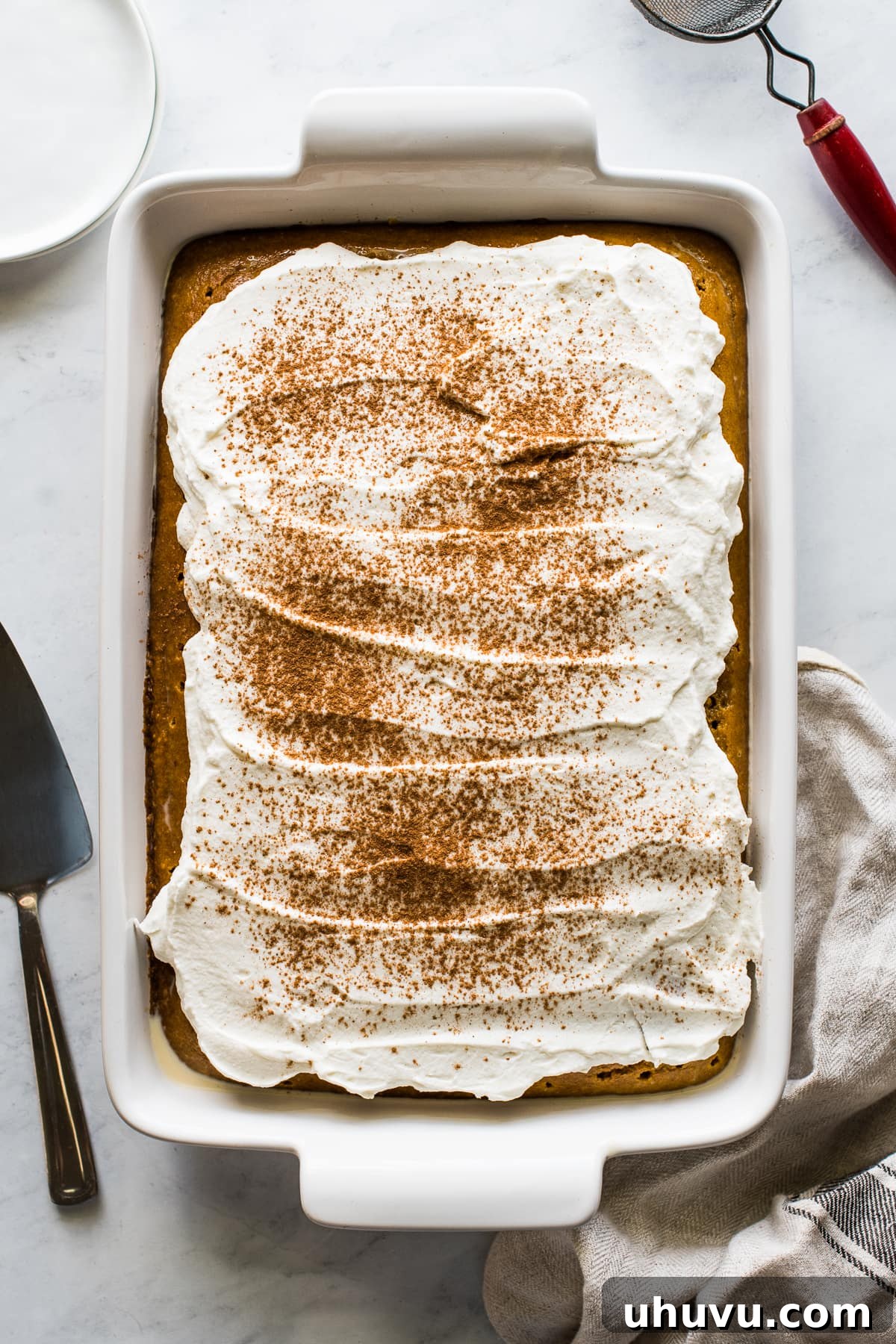 Pumpkin Tres Leches Cake in a baking pan topped with whipped cream and pumpkin spice seasoning, ready to be served.