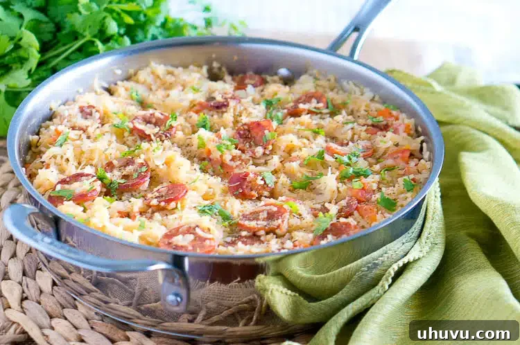 Close-up of One Pot Sauerkraut and Sausage with Rice in a skillet