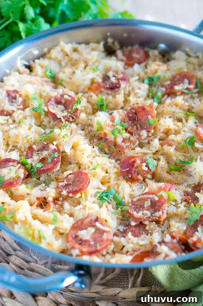 One Pot Sauerkraut and Sausage with Rice served in a bowl