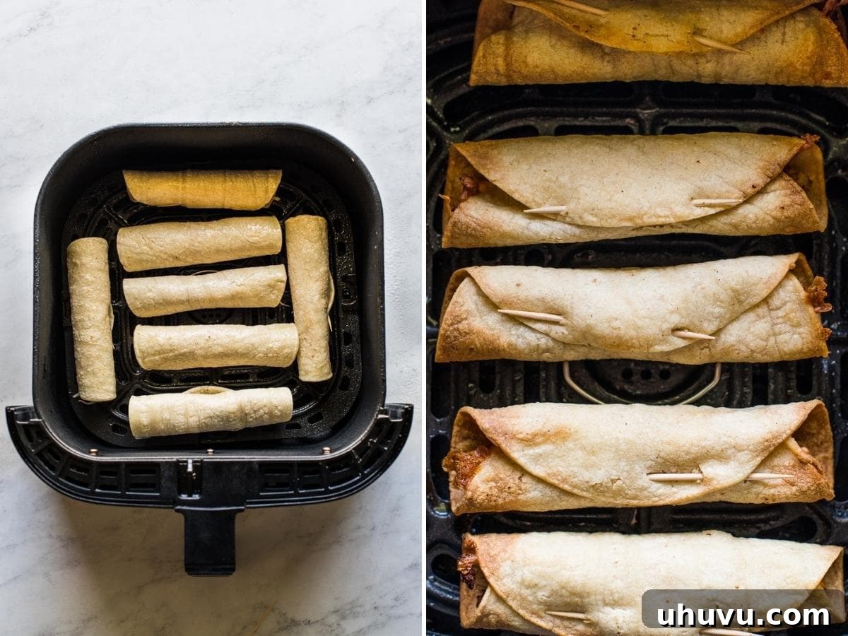 Stuffed and rolled taquitos in an air fryer basket sprayed with cooking spray. Ready for cooking.