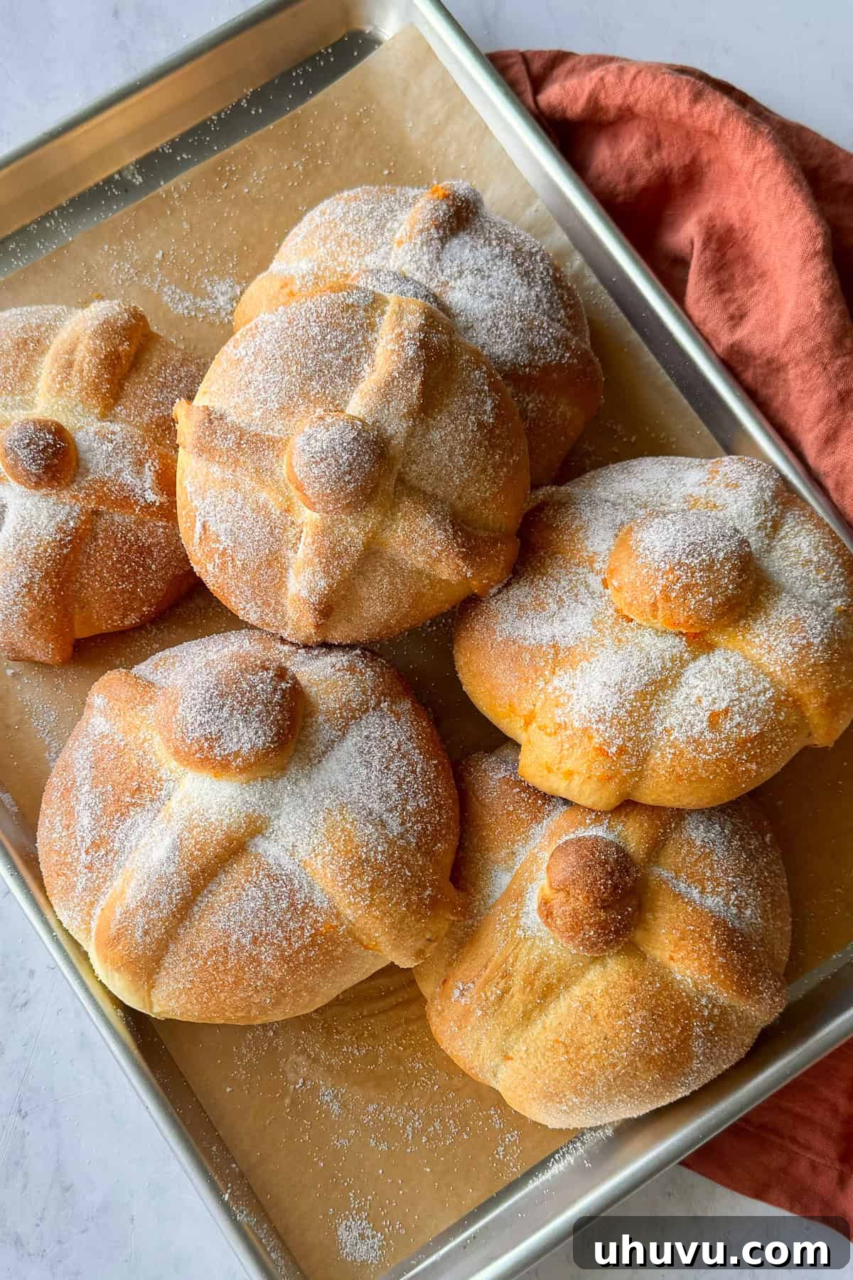 Spirits' Sweet Bread 2 Pan de muerto loaves on a baking sheet, golden and sugar-dusted.