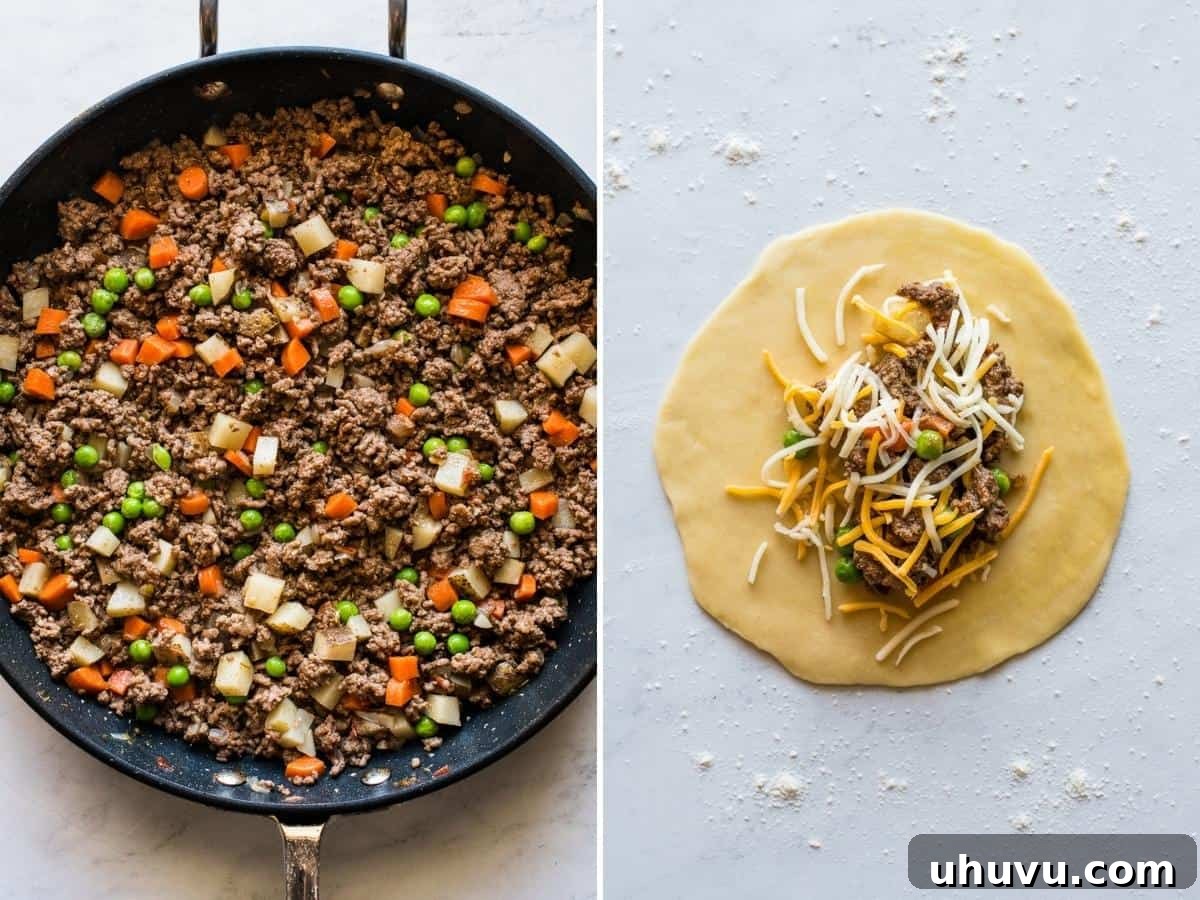 Savory Beef Pockets 6 A large skillet filled with cooked ground beef picadillo, and a single empanada dough disc partially filled with the picadillo mixture and cheese, ready for folding and sealing.