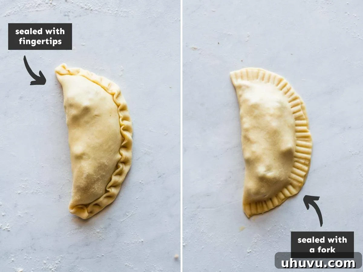 Savory Beef Pockets 7 Two beef empanadas demonstrating sealing techniques: one sealed neatly with the tines of a fork, and the other with a traditional fingertip crimping method (repulgue), showcasing the versatility of sealing options.