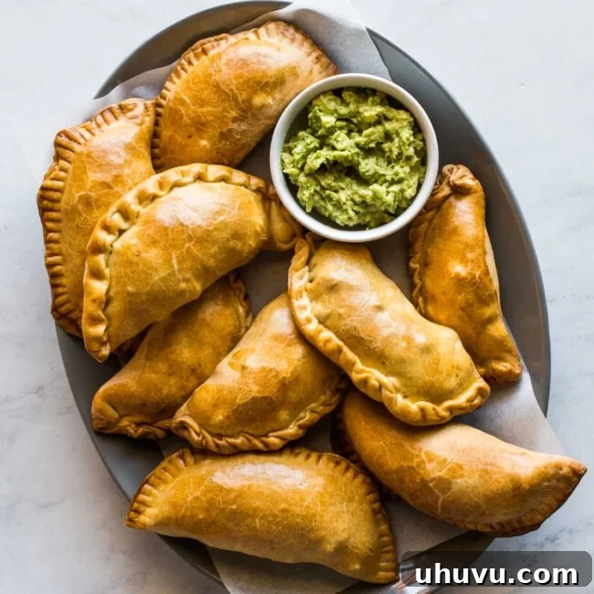 Beef empanadas on a plate served with a side of guacamole.