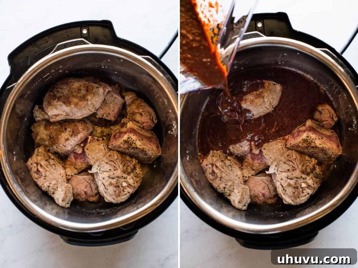Pork shoulder being browned on all sides in an Instant Pot.