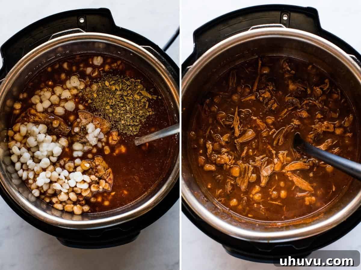 Ingredients for Pozole, including hominy and shredded pork being stirring in an Instant Pot.