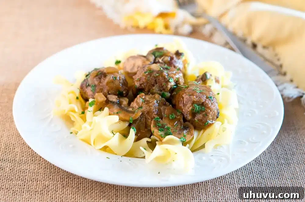 Juicy Salisbury Steak Meatballs Smothered in Mushroom Gravy 5 Salisbury Steak Meatballs w/ Mushroom Gravy is a great dinner idea for busy weeknights. It comes together in 30 minutes - so delicious & comforting!