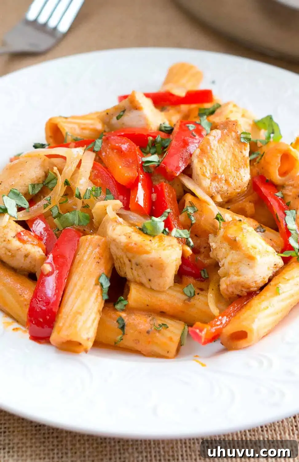 Close up of the spicy chicken riggies pasta ready to eat in the pan