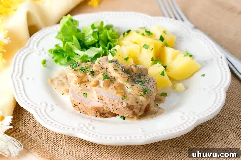 Close-up of golden-brown pork medallions covered in a creamy Marsala mushroom sauce.