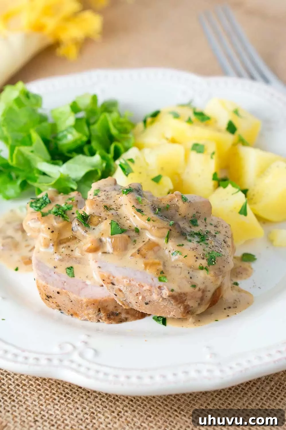 Beautifully arranged pork medallions with creamy mushroom Marsala sauce on a serving platter.