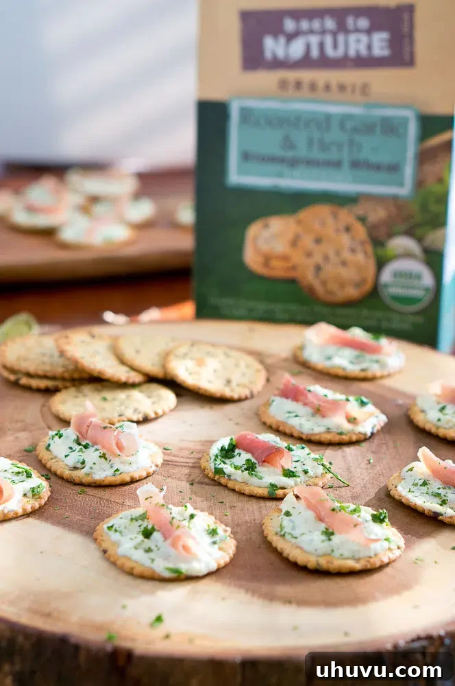 Ingredients for Ricotta and Prosciutto Cracker Appetizers including Back to Nature crackers