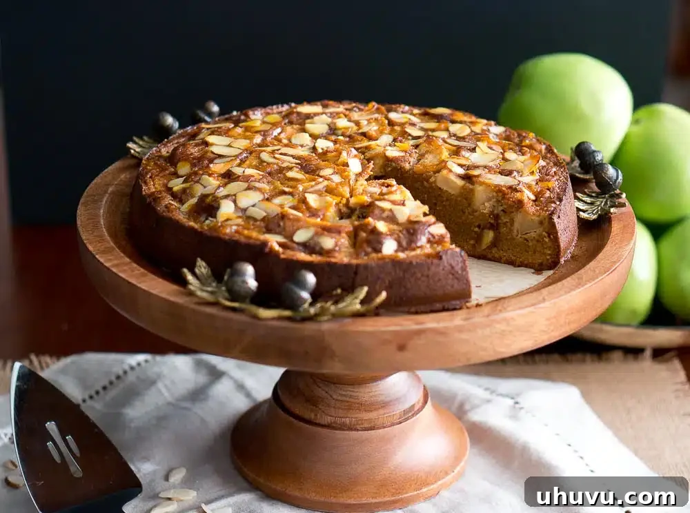 Golden brown paleo gluten-free Apple Almond Cake with slivered almonds on top