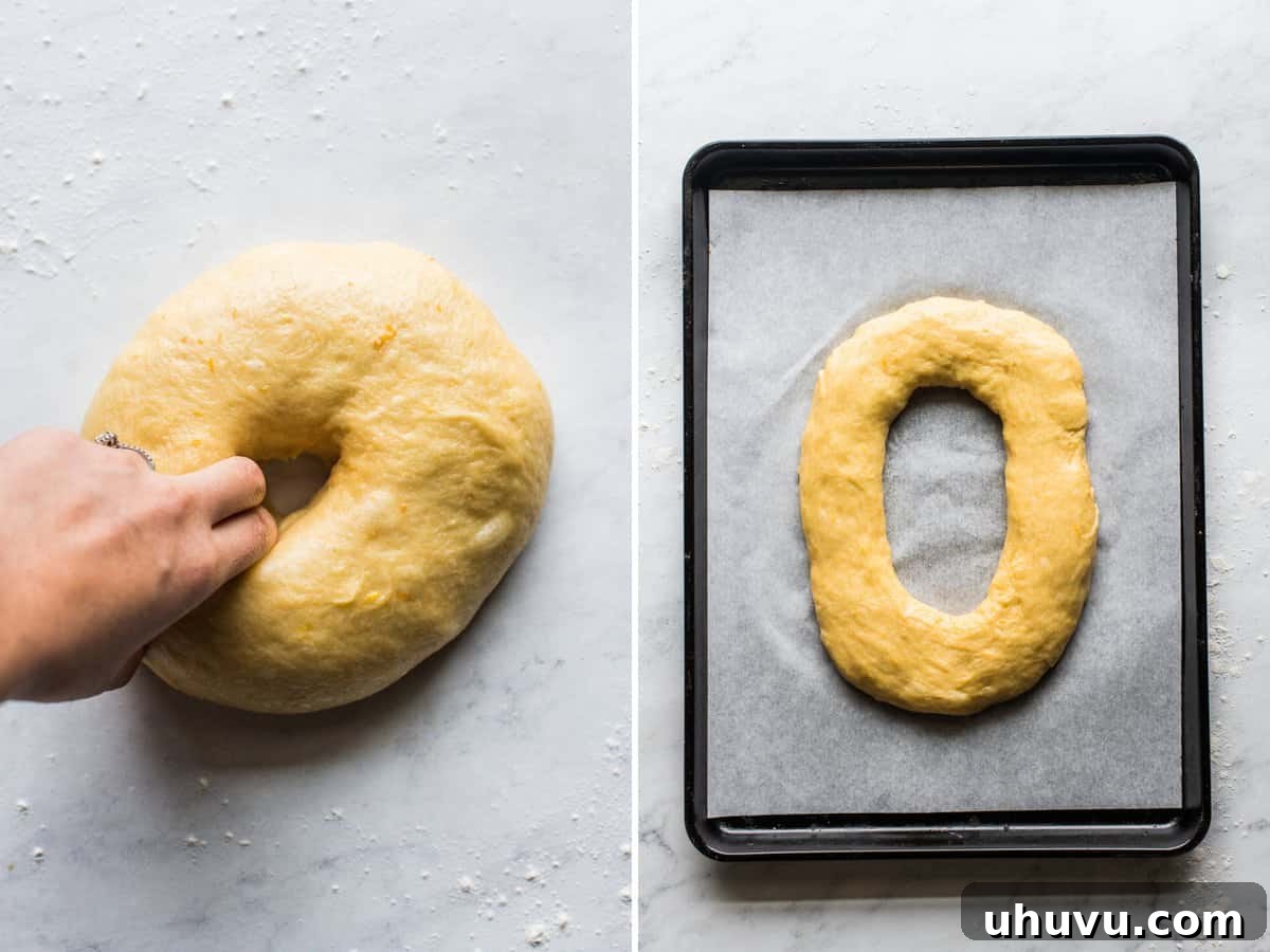 Sweet Epiphany Crown 7 Rosca de Reyes dough being formed and shaped into a large oval.