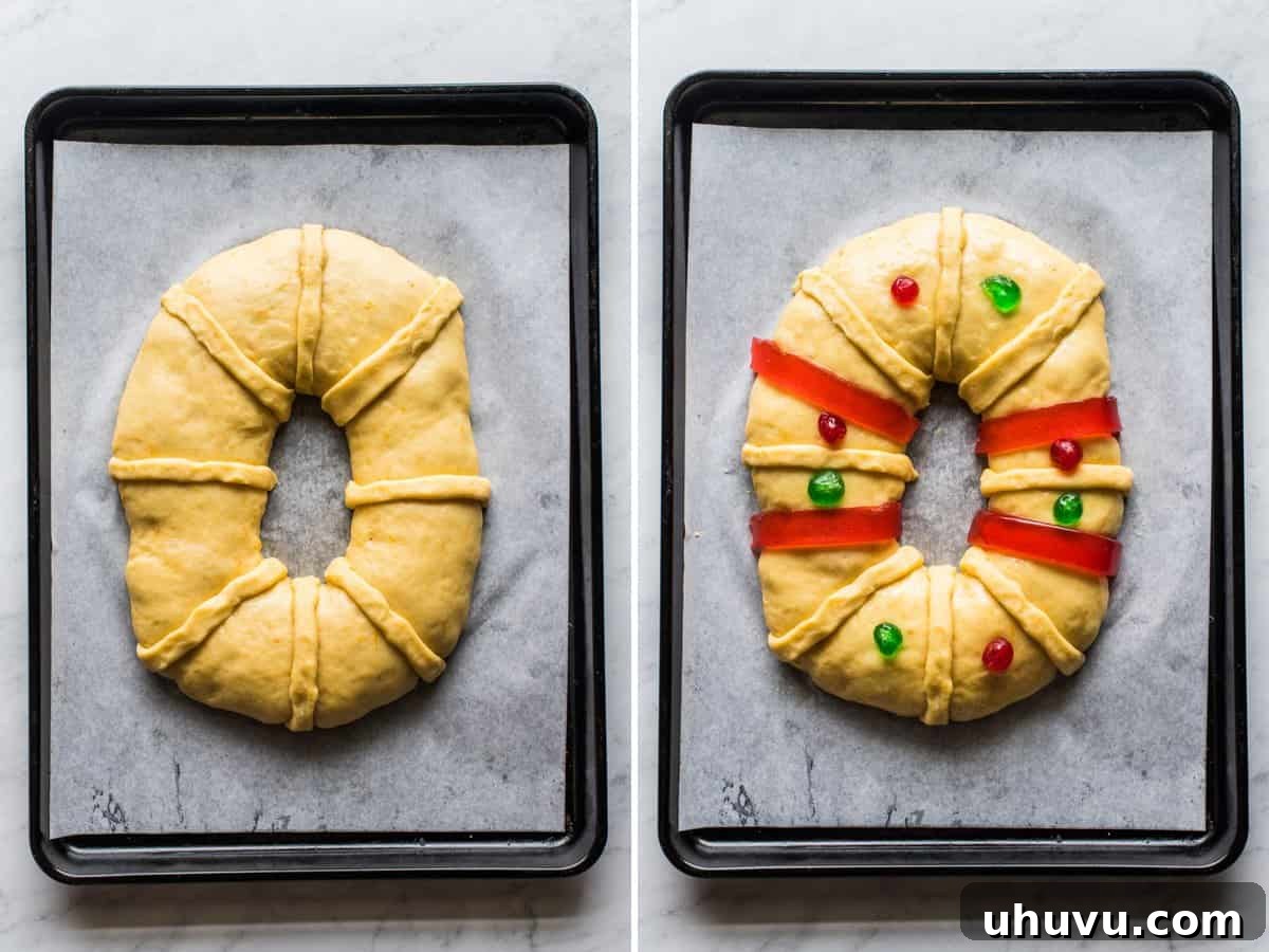 Sweet Epiphany Crown 8 Rosca de Reyes being decorated on a sheet pan.