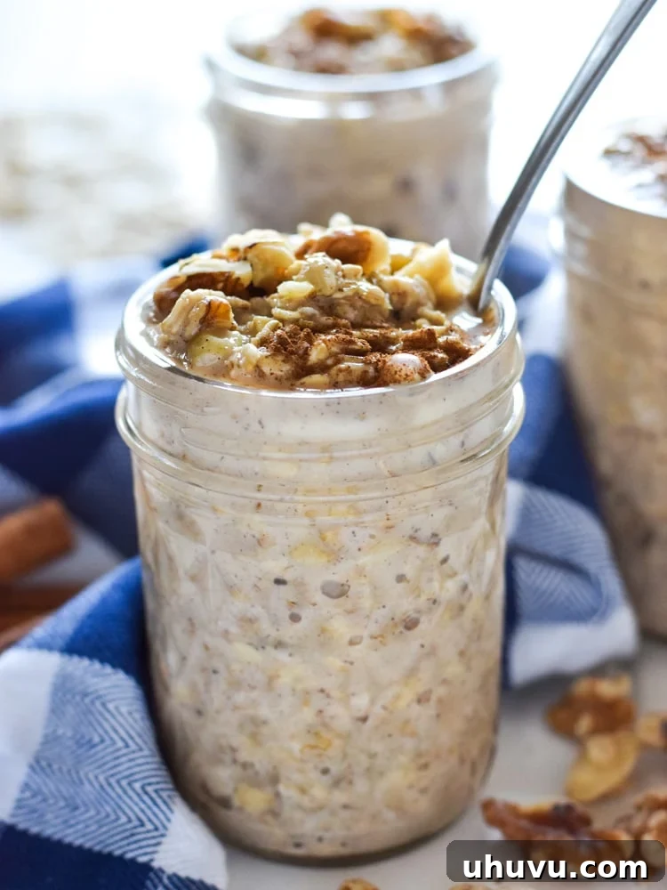 Triple Milk Overnight Oat Bliss 2 Creamy Mexican Tres Leches Overnight Oats topped with walnuts, banana, and cinnamon