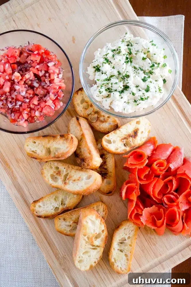 Preparing the tomato and red onion relish for smoked salmon crostini, showing finely diced vegetables in a bowl.