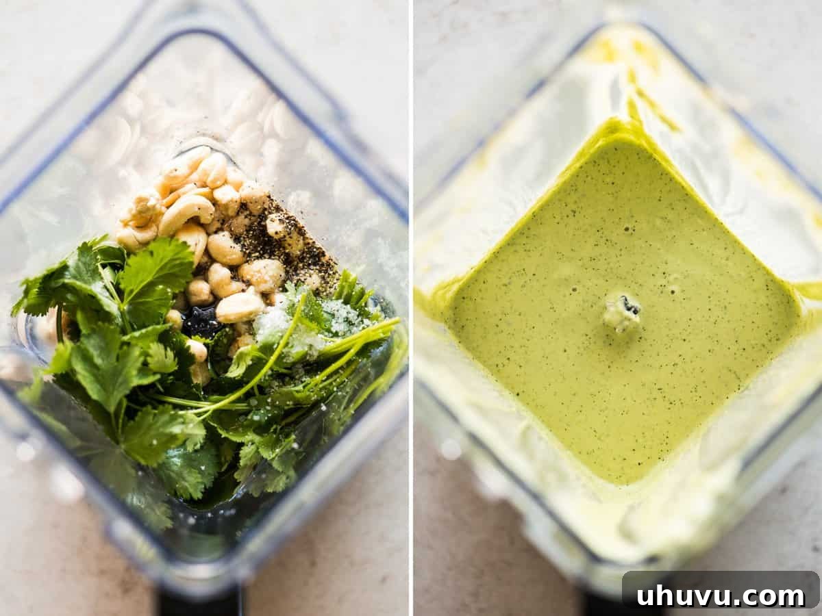 Roasted Cauliflower Taco Revolution 5 A high-speed blender containing all the fresh ingredients for cilantro lime cashew crema, mid-blend, creating a smooth, vibrant sauce.