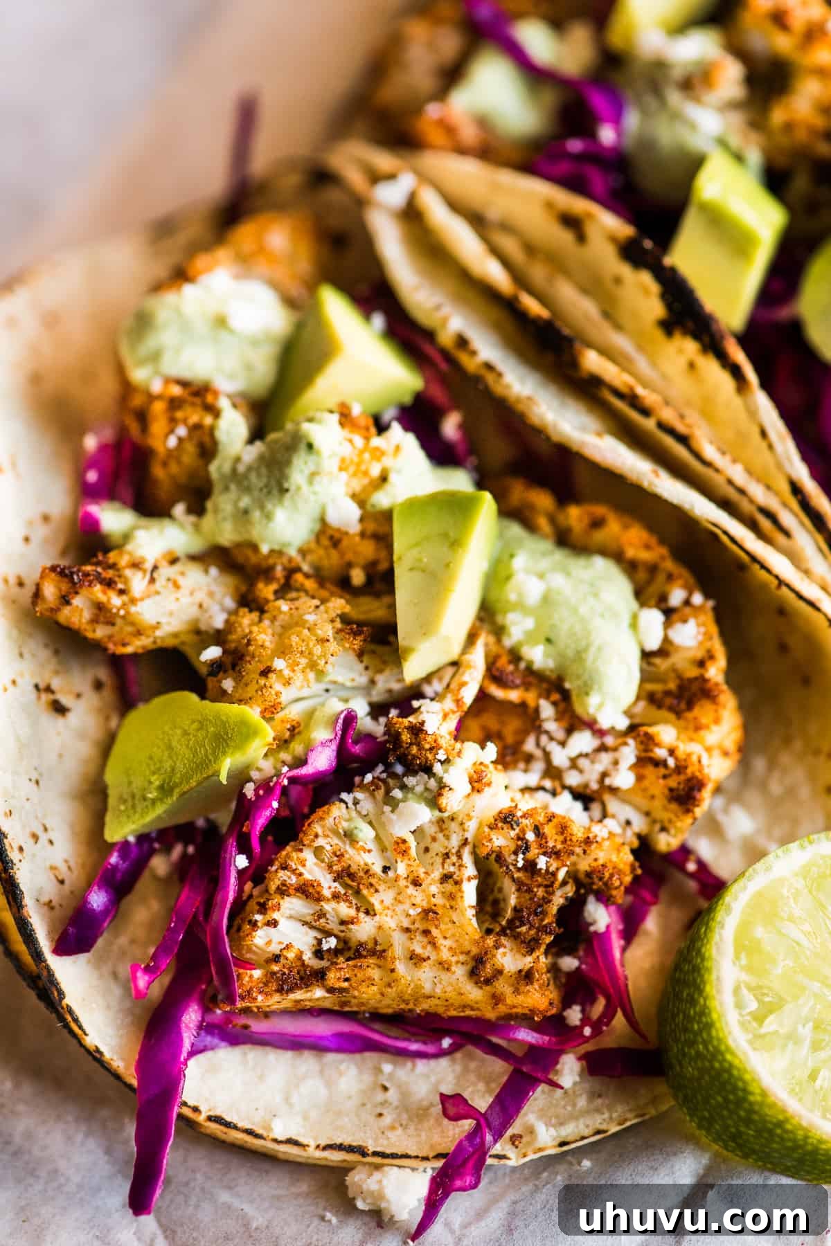 Roasted Cauliflower Taco Revolution 6 Freshly assembled cauliflower tacos, generously topped with creamy avocado slices, thinly shredded red cabbage, and crumbled queso fresco, glistening with cashew crema.