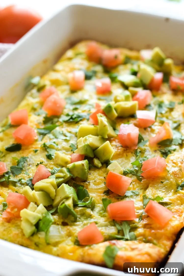 Zesty Salsa Verde Breakfast Frittata 6 A beautifully presented slice of Salsa Verde Breakfast Frittata, garnished with fresh avocado, diced tomatoes, and cilantro, highlighting its vibrant colors and appealing textures.