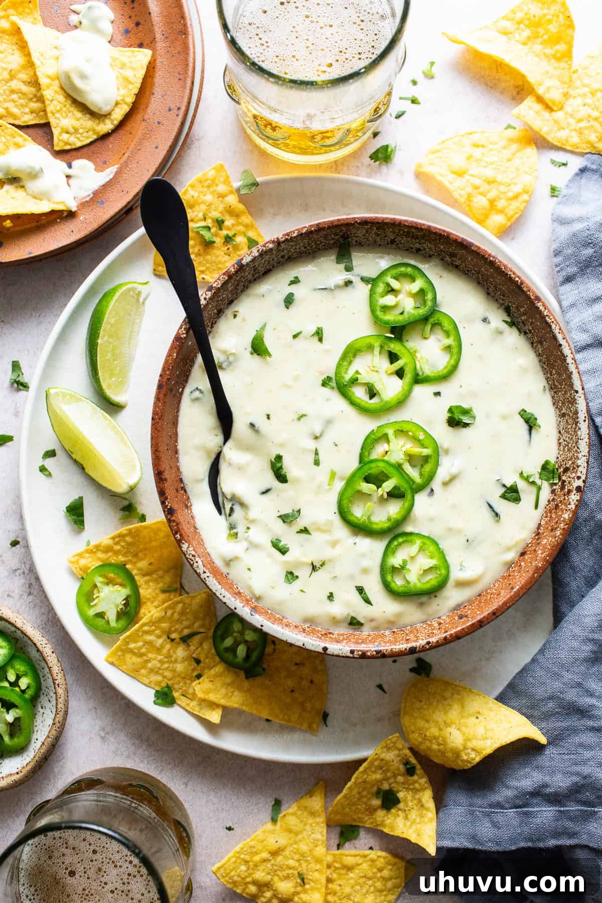 Zesty Green Chili Queso 2 A bowl with salsa verde queso dip topped with jalapeño slices and sided with chips.