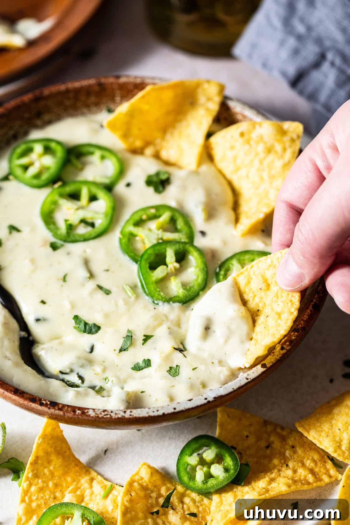 Zesty Green Chili Queso 7 A tortilla chip being dipped into a bowl of salsa verde queso.