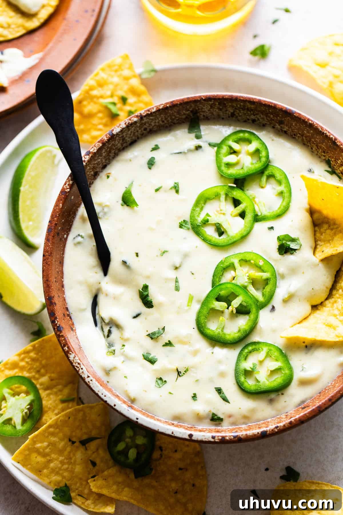 Zesty Green Chili Queso 9 Salsa Verde Queso dip in a bowl served with tortilla chips.
