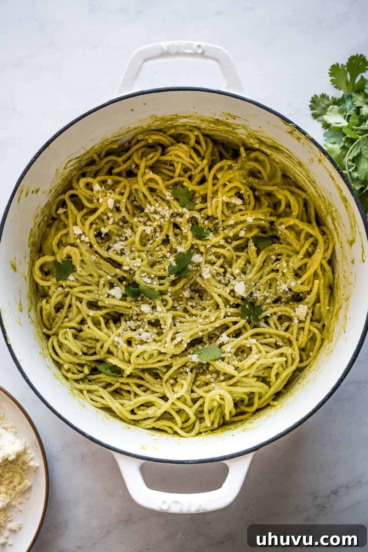 Zesty Green Spaghetti 12 Green Spaghetti (Espagueti Verde) presented beautifully in a large pot, garnished with crumbled queso fresco and fresh cilantro, ready to be served.