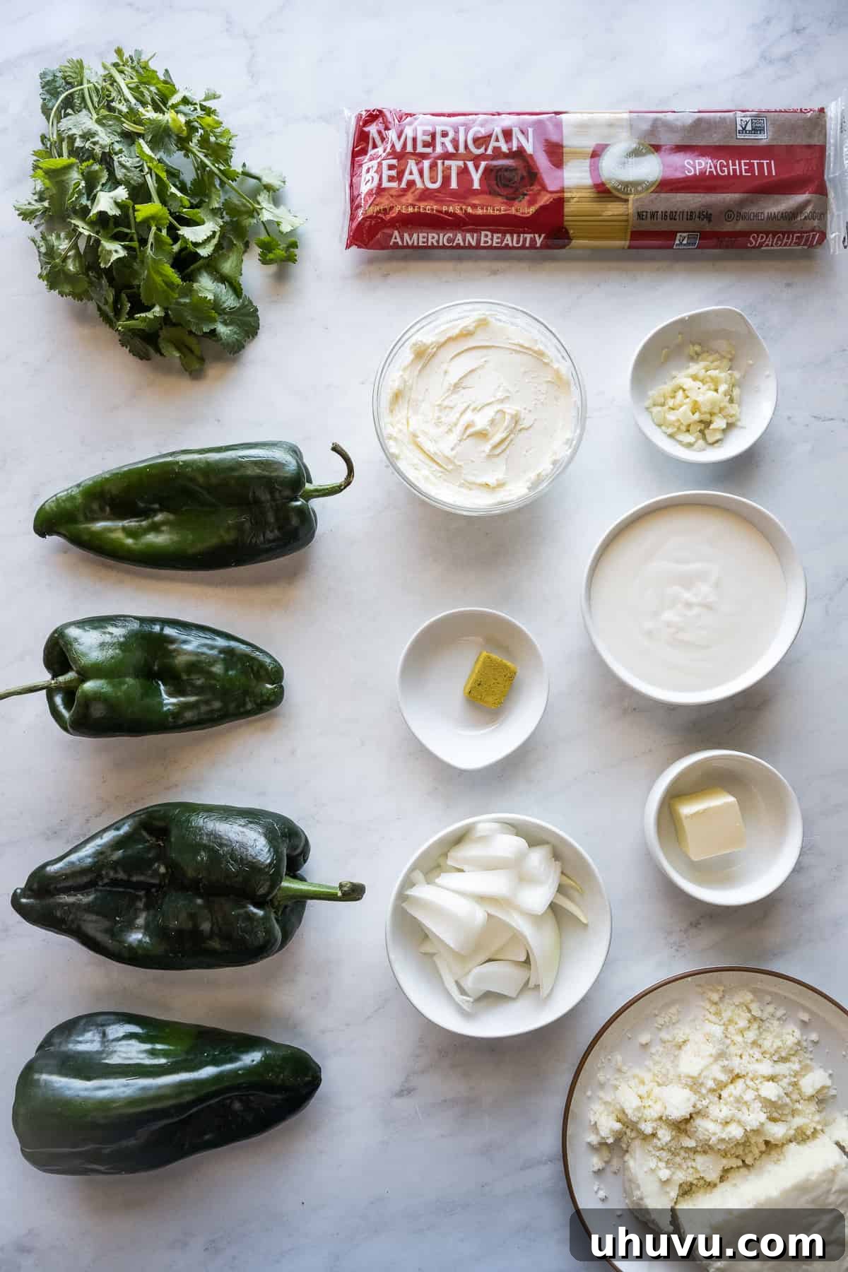 Zesty Green Spaghetti 3 Ingredients for Mexican Green Spaghetti (Espagueti Verde) laid out on a rustic wooden table.