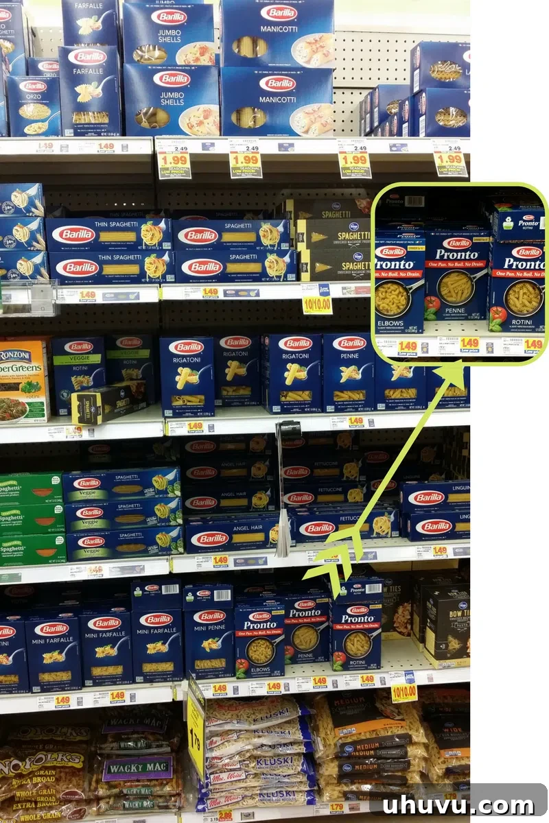 Barilla Pronto Penne pasta on a store shelf in the pasta aisle at Kroger
