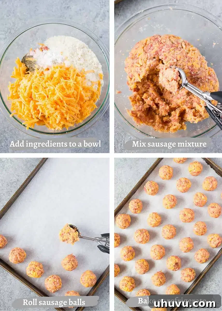 Steps showing how to form and bake sausage balls