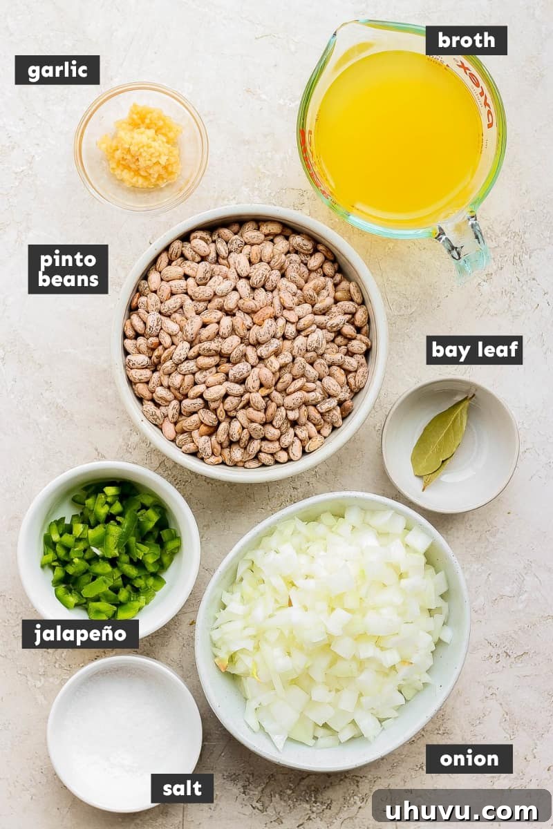 Easy Slow Cooker Pinto Beans 3 Ingredients for crock pot pinto beans on a table.